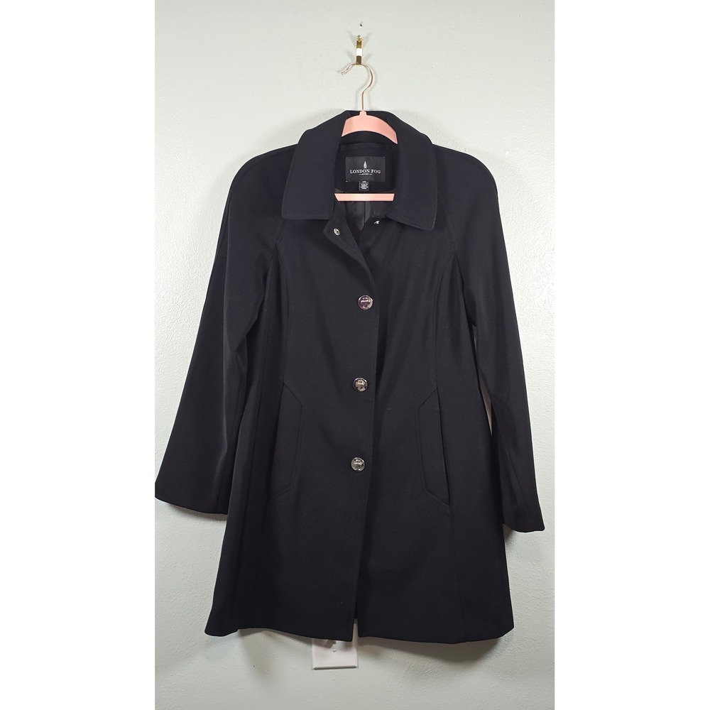 London Fog Trench Coat Petite Medium PM Black Button Front Mid Length Jacket